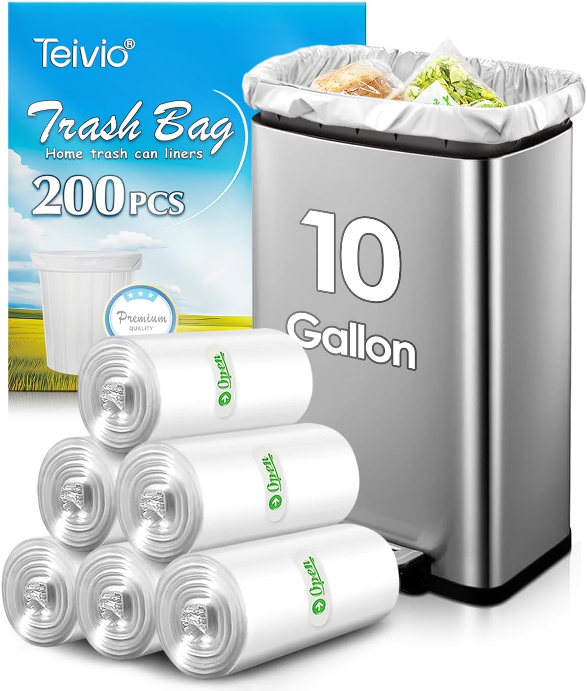 10 Gallon 200 Counts Medium Trash Bags Tall Kitchen Garbage Bags by Teivio, 9 Gallon 10 Gallon 11