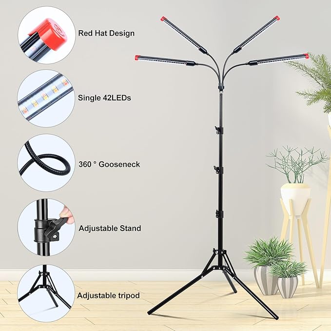 4-Head Tripod Stand Grow Lights for Tall House Plants, Seed Starting, Bonsai Tree with Timer, 36W