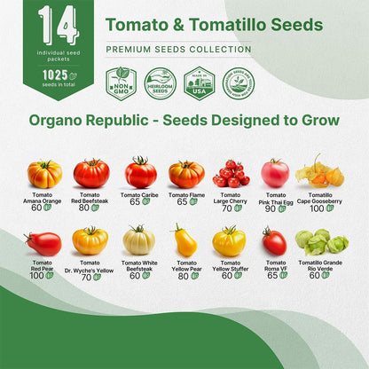 Organo Republic 14 Rare Tomato & Tomatillo Garden Seeds Variety Pack - 1,020+ Non-GMO Heirloom