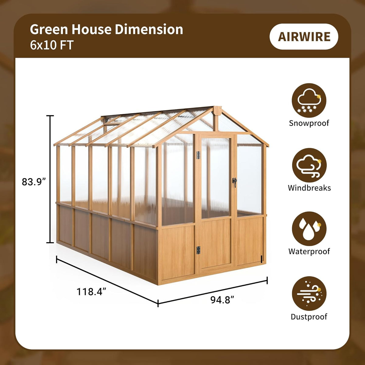 Wooden Greenhouse 6x10 FT, Walk-in Greenhouse for Outdoors with 6MM Thick Polycarbonate Panel and