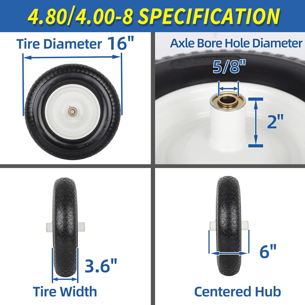 4.80/4.00-8" Flat-Free Tire and Wheel 16" Solid Wheelbarrow Tire, 6" Centered Hub, 5/8" Axle Bore