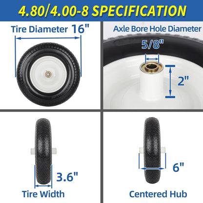4.80/4.00-8" Flat-Free Tire and Wheel 16" Solid Wheelbarrow Tire, 6" Centered Hub, 5/8" Axle Bore