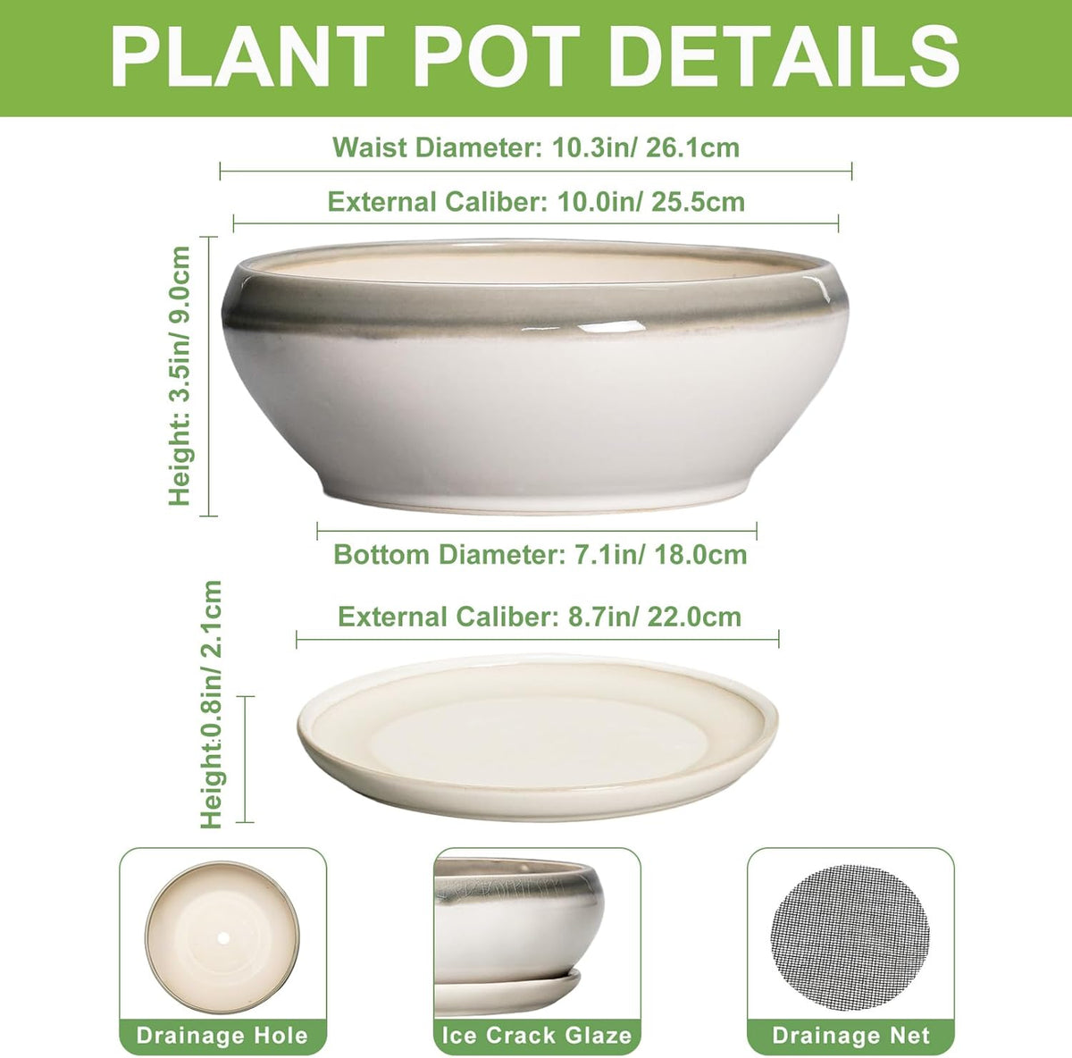 SQOWL Bonsai Pots Ceramic - 10 Inch Succulent Planters for Indoor Plants Outdoor, Shallow Round