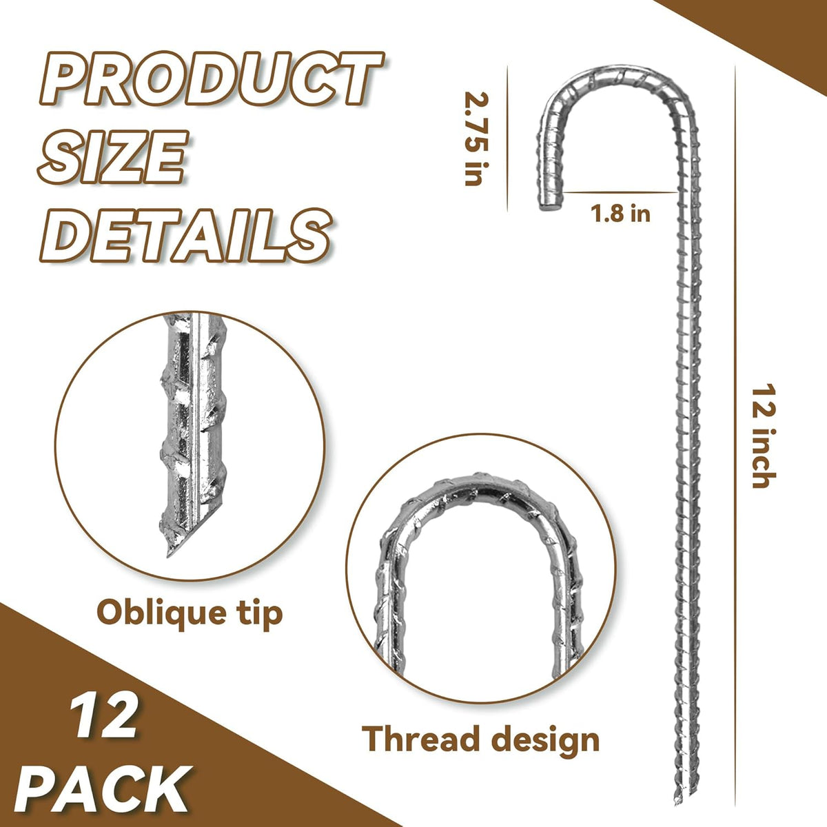 12 Pack 12 Inch Rebar Stakes Heavy Duty J Hook Ground Anchors, Anti Rust Metal Steel Tent Stakes