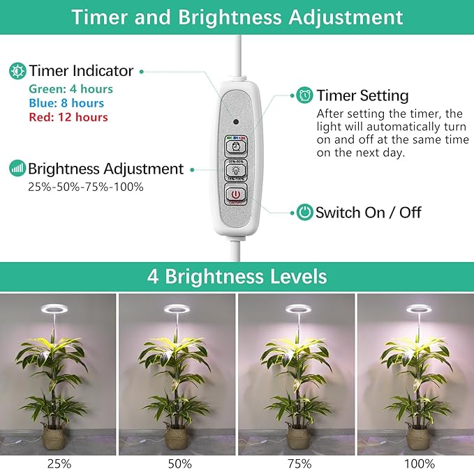 LORDEM Full Spectrum LED Grow Lights, Brightness Adjustable Plant Lamps with Auto On/Off Timer