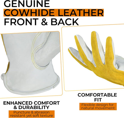 HANDLANDY Men Leather Gardening Gloves, Utility Work Gloves for Mechanics, Construction, Driver