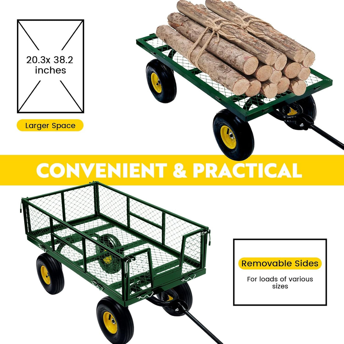 Steel Garden Cart, 2-in-1 Heavy Duty Utility Wagon 900 LBS Capacity Carts with Removable Mesh Sides