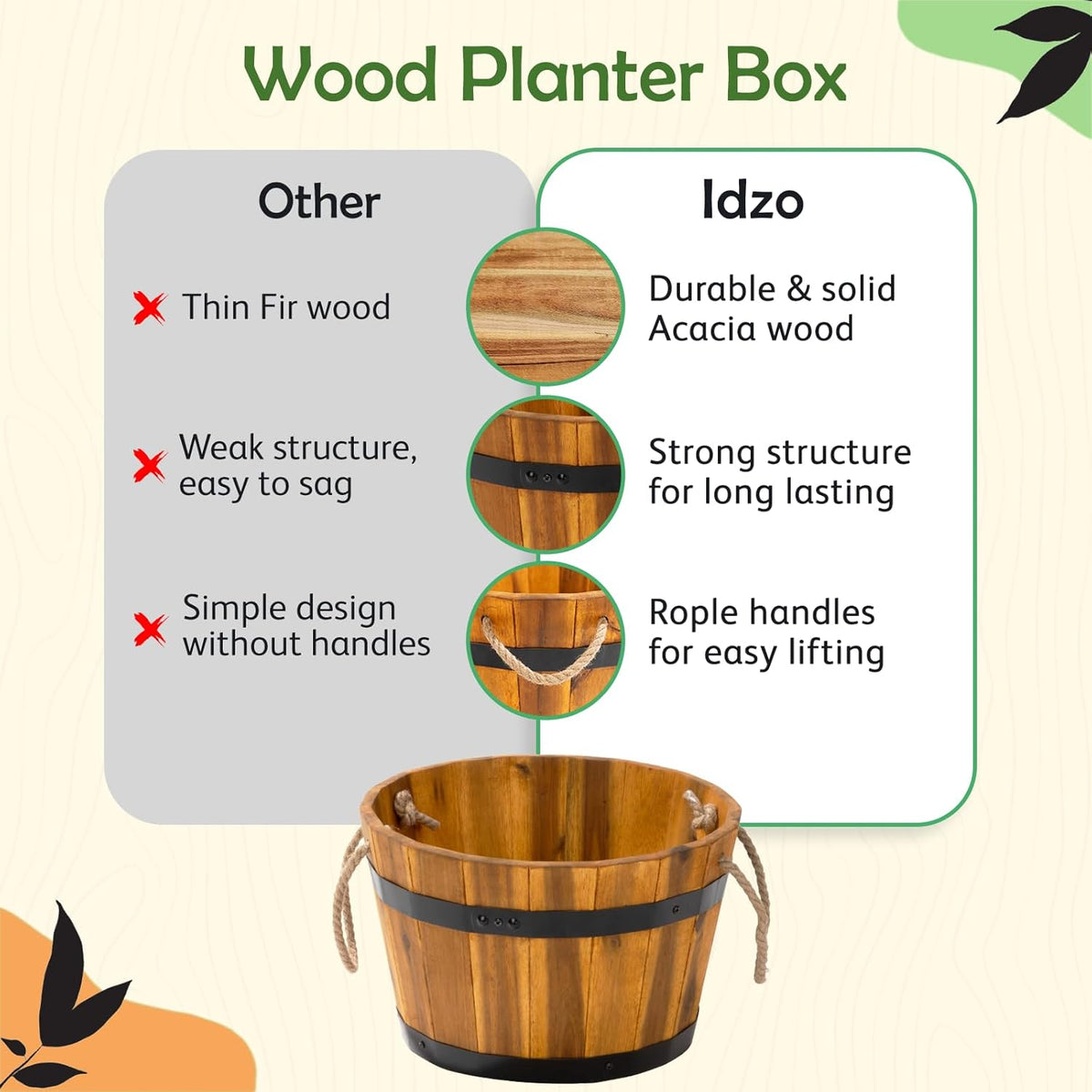 IDZO Set of 3 Wooden Flower Boxes Outdoor, Durable Acacia Wood Barrel Planters for Outdoor Plants