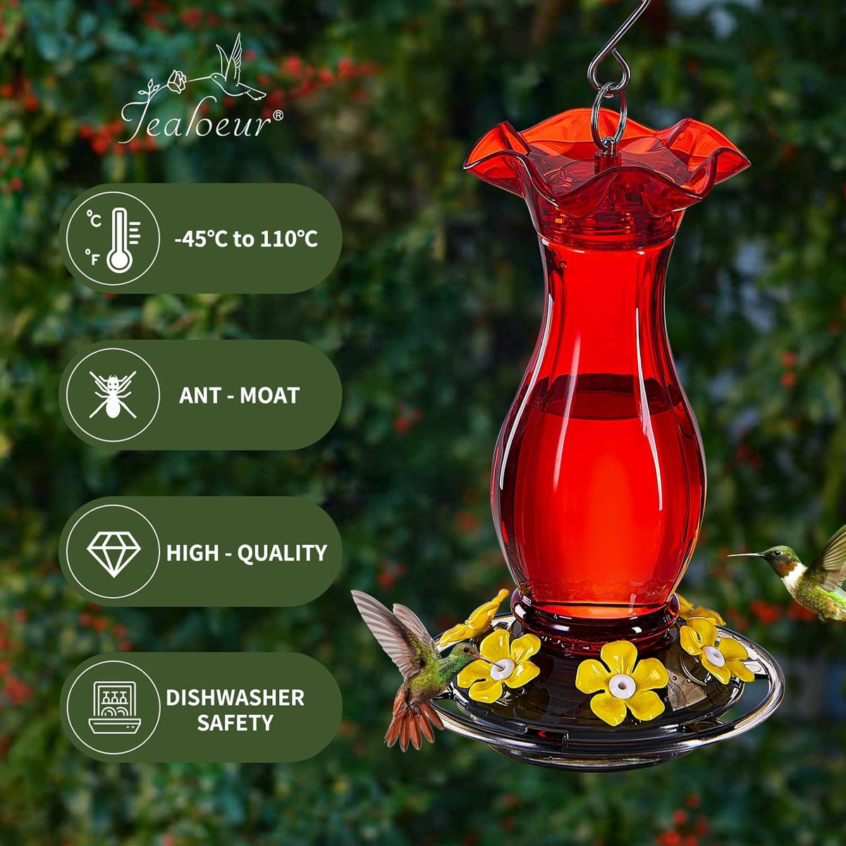 Hummingbird Feeder for Outdoors Hanging, 18 OZ Humming Birds Feeders with 6 Bee Guard Feeding Ports