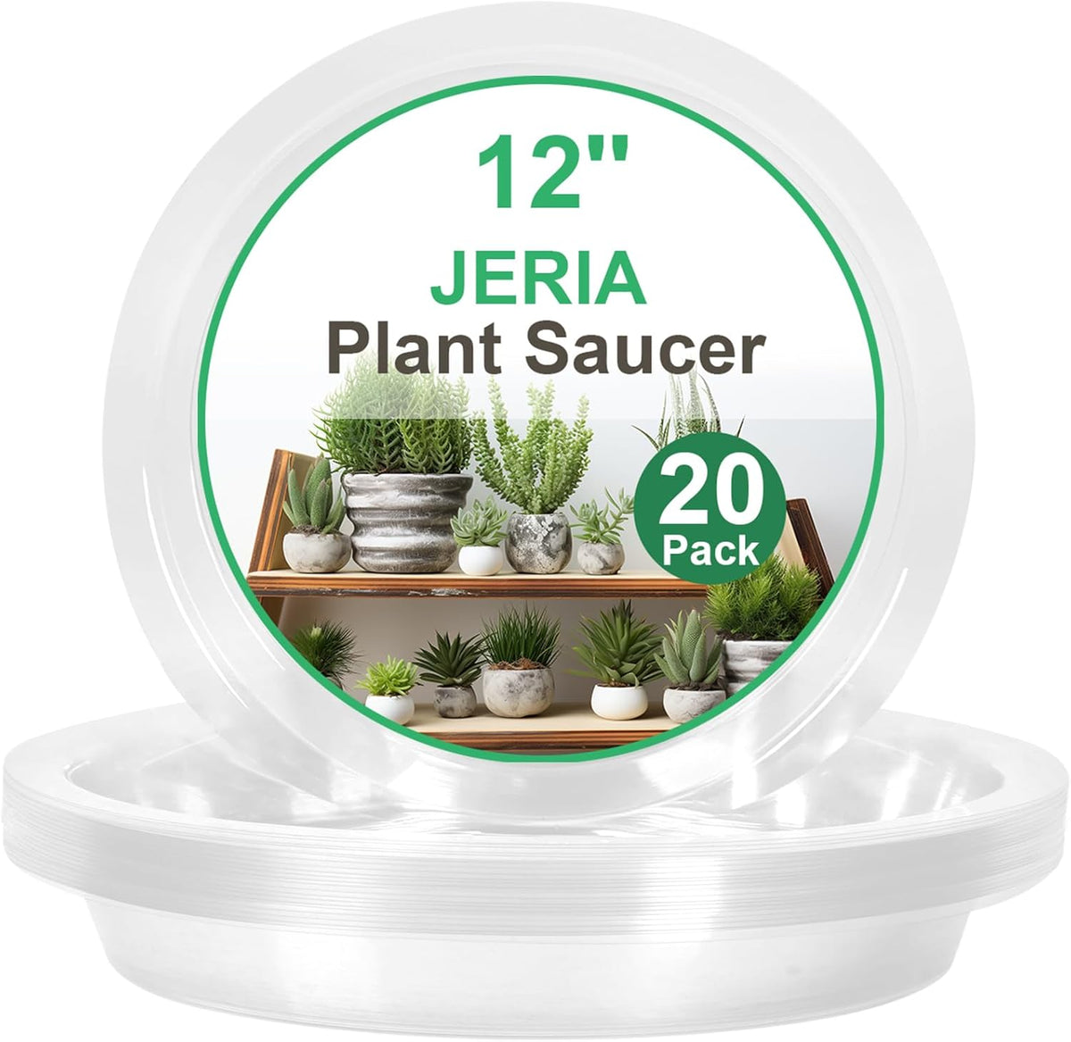 JERIA 12 Inch 20 Pack Clear Plant Saucers,Plastic Flower Pot Trays,Round Durable Plant Drip Trays