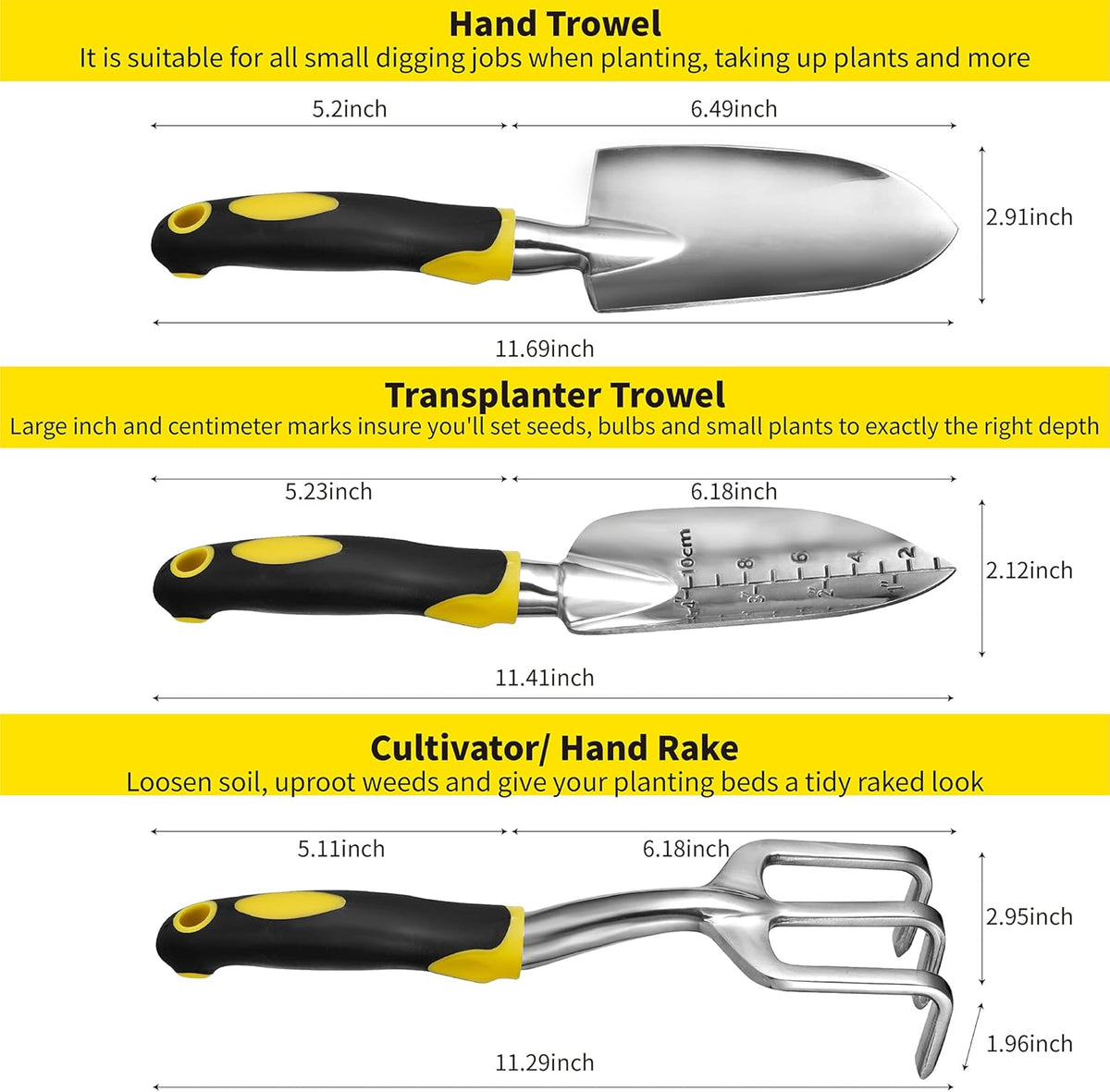 ⭐️ Gardenera 3PC Garden Tool Set with Soft Rubberized Non-Slip Handles - Hand Trowel, Transplant