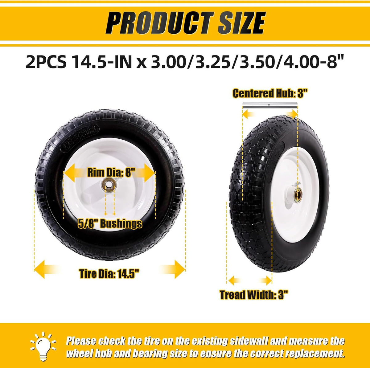 MZREXN 14.5" Wheelbarrow Tire Flat-Free 3.00/3.25/3.50/4.00-8" Solid Tire and Wheel with 3"-7"