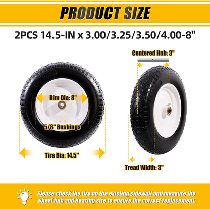 MZREXN 14.5" Wheelbarrow Tire Flat-Free 3.00/3.25/3.50/4.00-8" Solid Tire and Wheel with 3"-7"