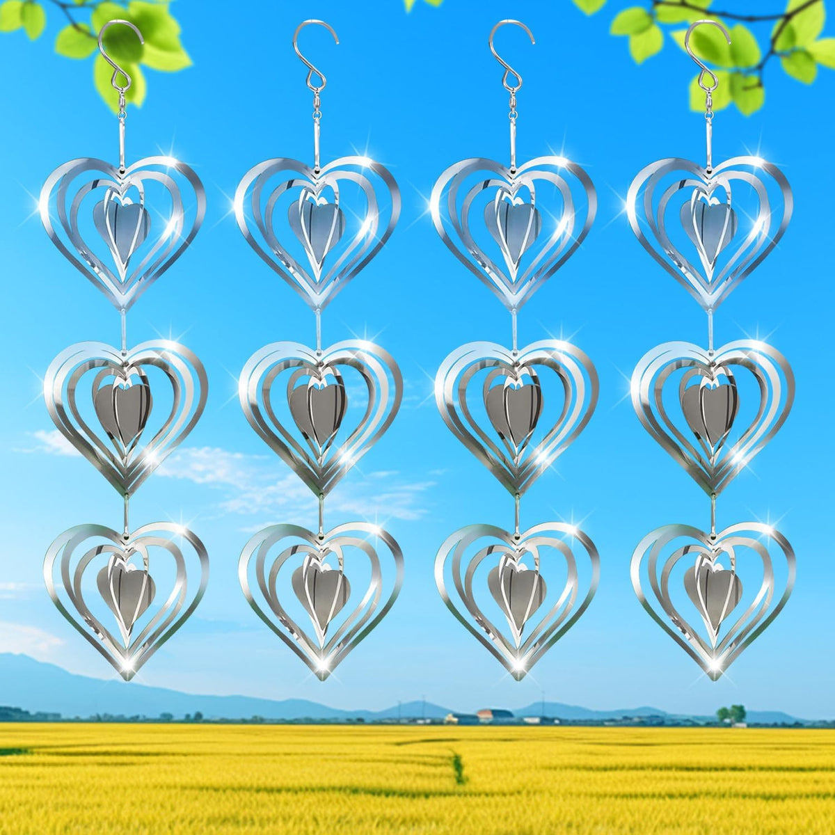 Love Stainless Steel Bird Scarer Discs Set, 3D Reflective Helix Wind Spinners Bird Reflector