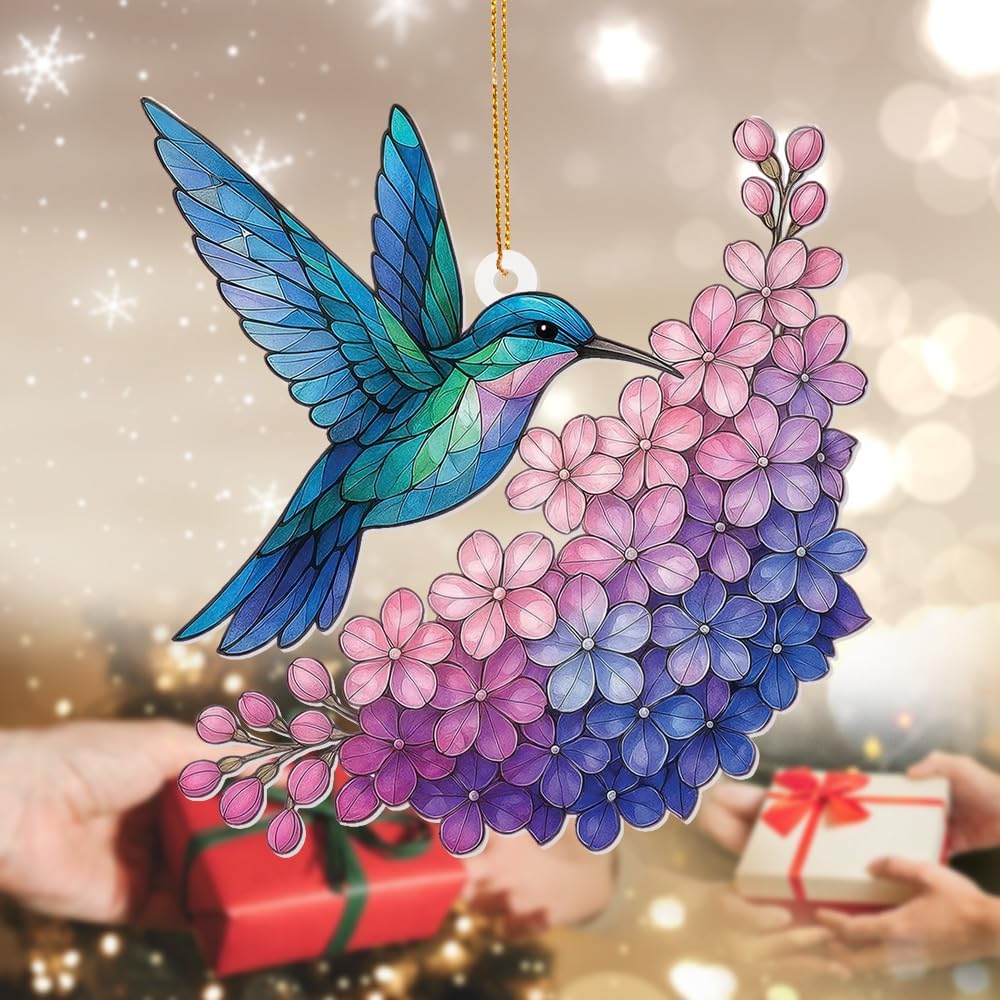 Hummingbird Stained Glass Ornament, Acrylic Window Hanging Suncatcher Decor, Bird Ornament for Car