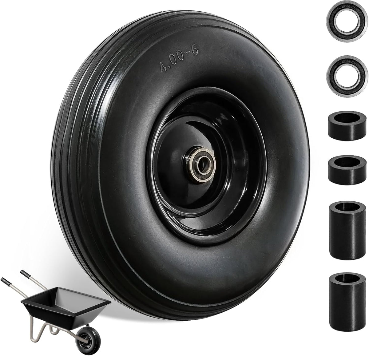 Wheelbarrow Wheel 13 Inch Flat Free 4.00-6 Solid Tire, Replacement Heavy Duty, with 5/8" and 3/4"