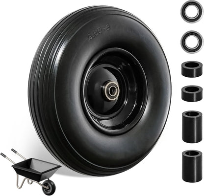 Wheelbarrow Wheel 13 Inch Flat Free 4.00-6 Solid Tire, Replacement Heavy Duty, with 5/8" and 3/4"