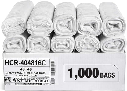 Aluf Plastics High Density Trash Bags, 45 Gallon, 1000 Count, 16 Micron (eq), 40" x 48", Clear, for
