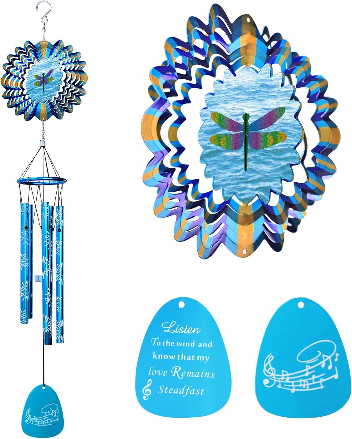 33" Memorial Wind Chimes Outdoor | Deep Tone with Animated Dragonfly Spinner, Rustproof Garden