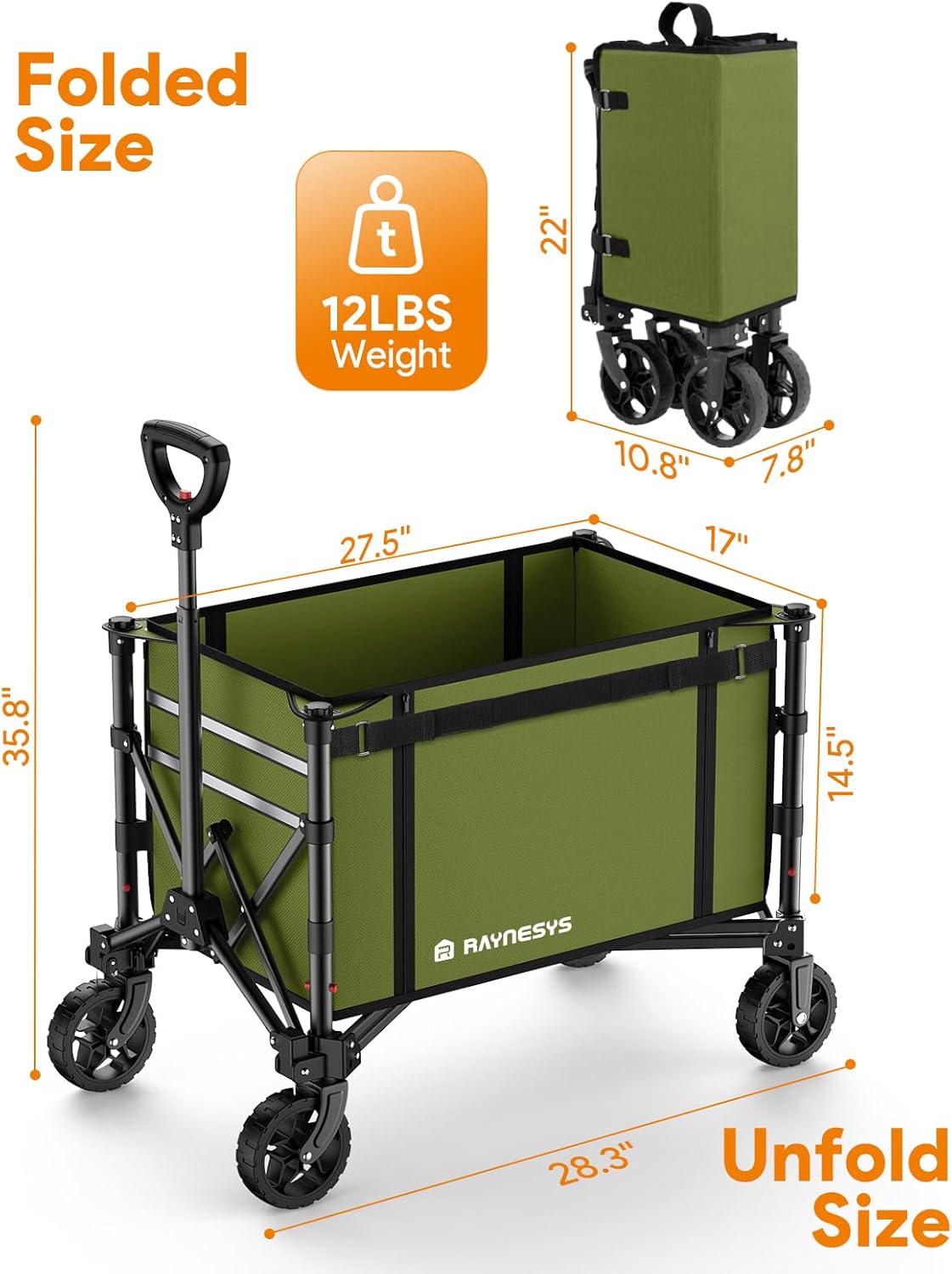 Collapsible Wagon Cart with Wheels 220lbs Foldable Wagon 120L Shopping Cart for Groceries Folding