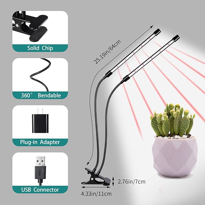 Full Spectrum Plant Growing Lamps 2 Pack, 168 LEDs Clip Lights, White + Red Spectrum, 4/8/12h
