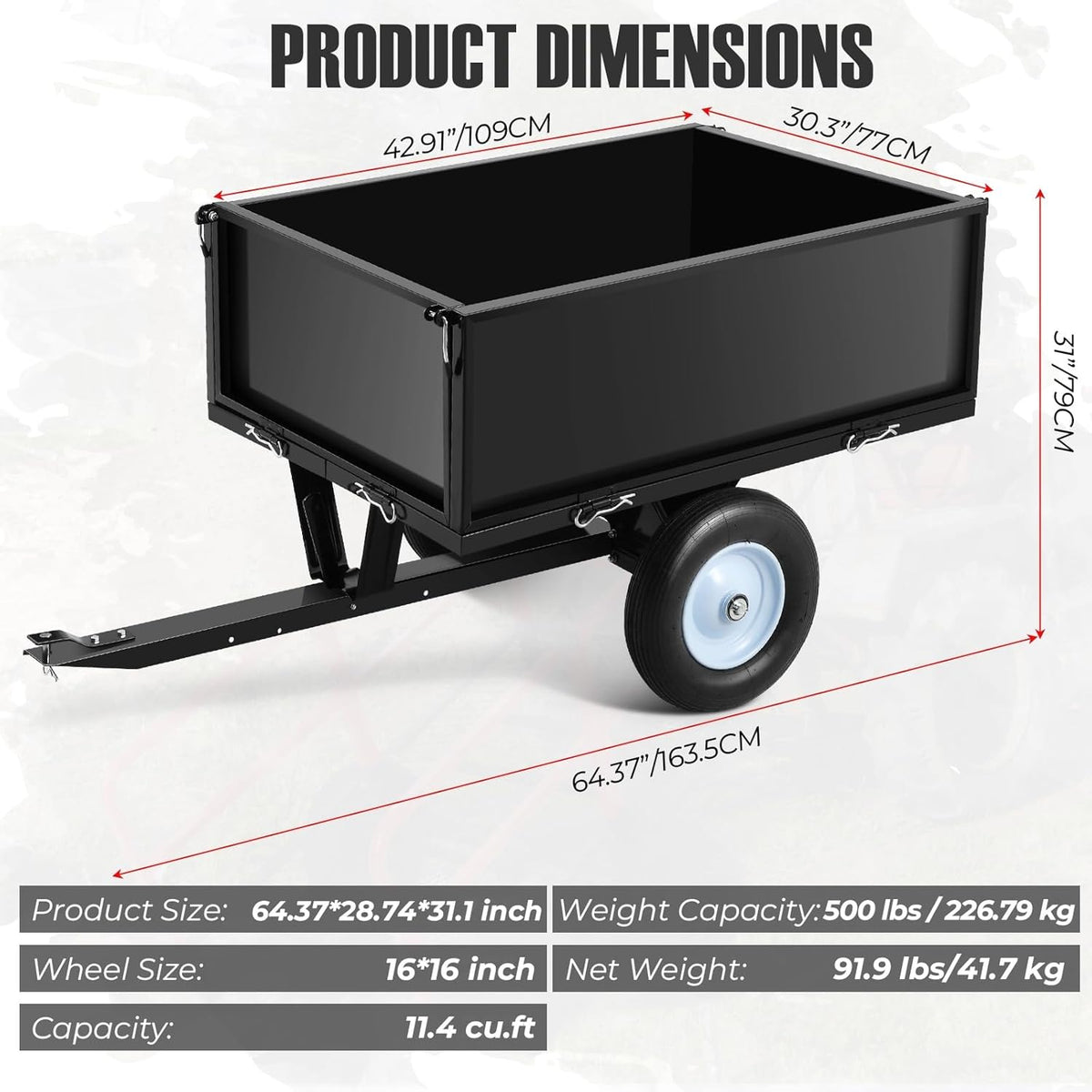Heavy Duty Steel Dump Trailer, 500 LBS/11.4 Cu.Ft Capacity Garden Dump Cart for Lawn Mower, Utility