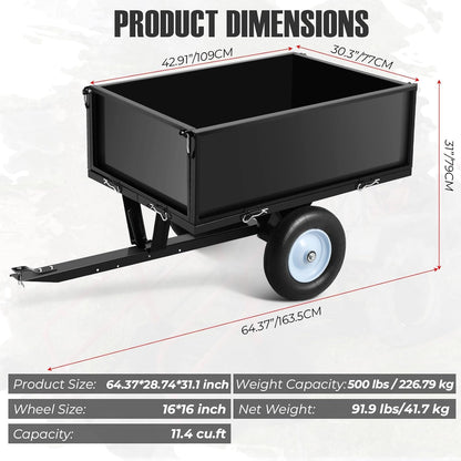 Heavy Duty Steel Dump Trailer, 500 LBS/11.4 Cu.Ft Capacity Garden Dump Cart for Lawn Mower, Utility