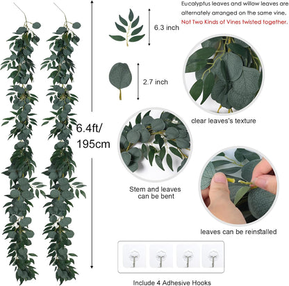 RECUTMS 2Pack Artificial Eucalyptus Garland with Willow Leaves 6Feet Fake Hanging Plant Silk