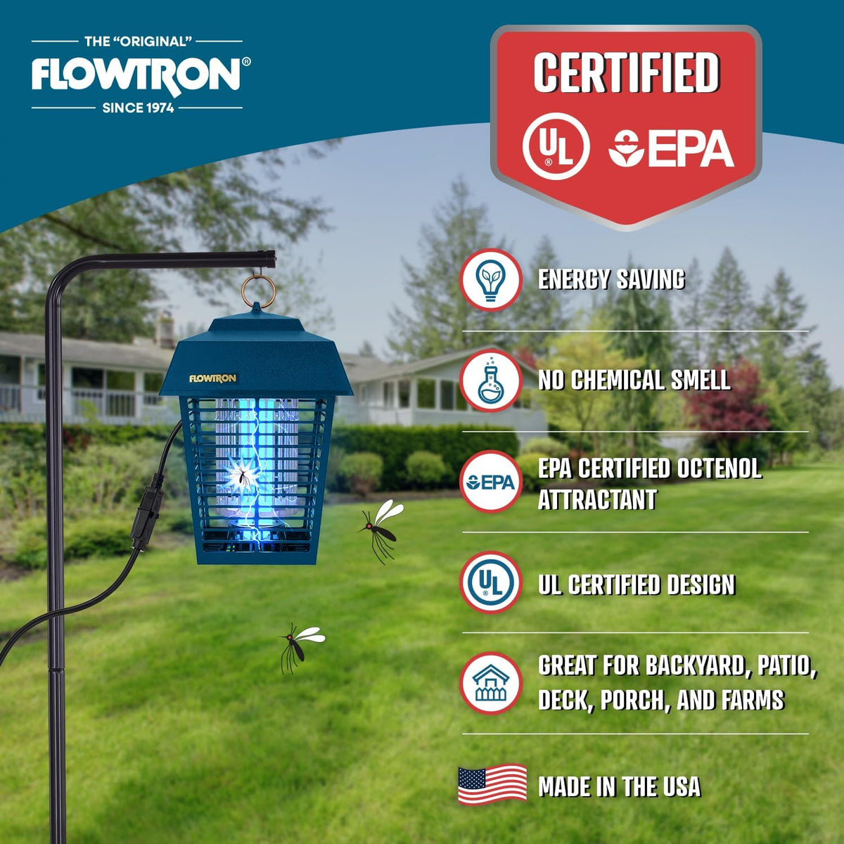 Flowtron Electric Bug Zapper 1/2 Acre Outdoor Insect Control with Dual Lure Method, 15W UV Light &
