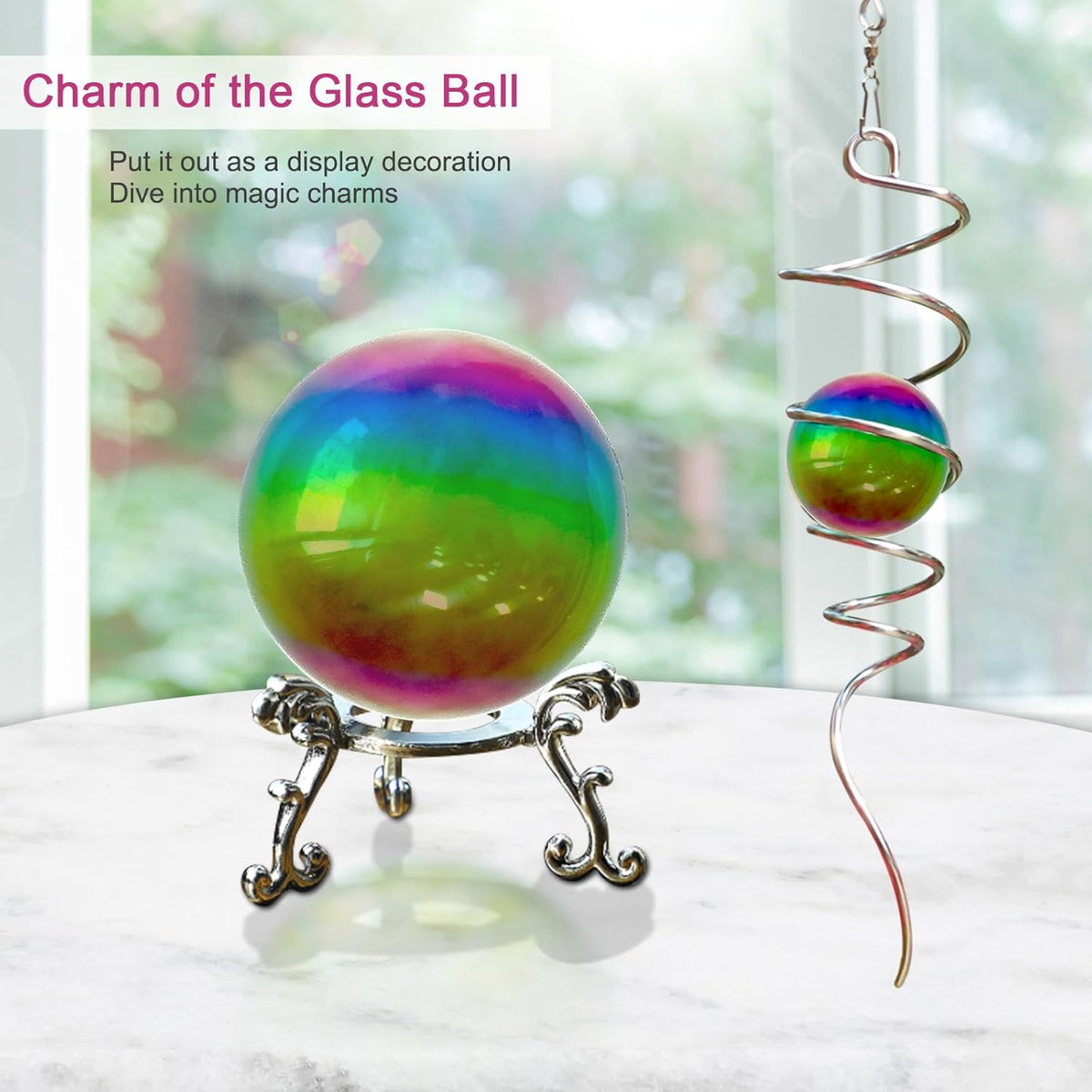 Gazing Ball Spiral Tail with Multi Color Stainless Steel Orb, Wind Spinners Stabilizer, Spiral Tail