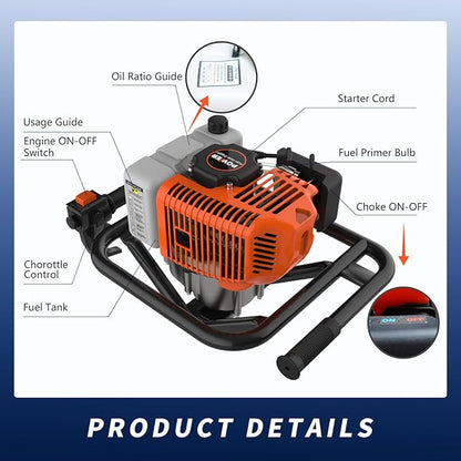62cc 2-Stroke Auger Post Hole Digger with 2 Extension Rods & 6" & 8" Auger Bits - Gas Powered Earth