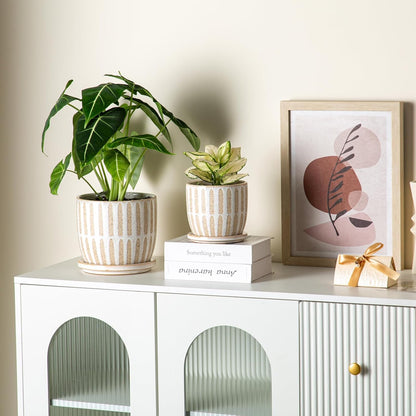 Ceramic Flower Pots Indoor-Outdoor: 5.75 Inch Planters with Drainage Holes & Saucer - Modern
