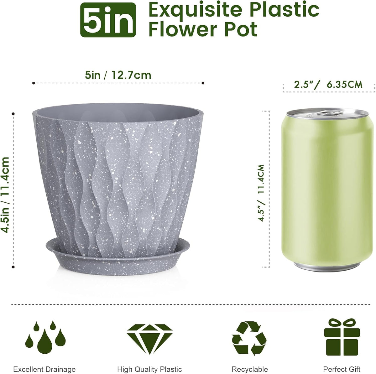5 inch Plant Pots for Indoor Outdoor Plants, 6 Pack Thick Flower Pots with Drainage Holes and