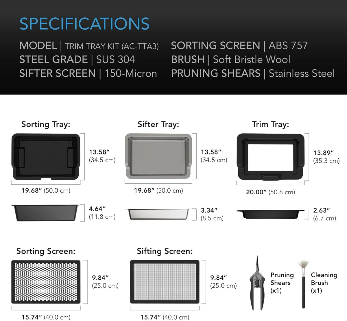 AC Infinity Large Trim Tray System 20-Inch, Interchangeable 3-Tray & 2-Screen Kit, Ergonomically