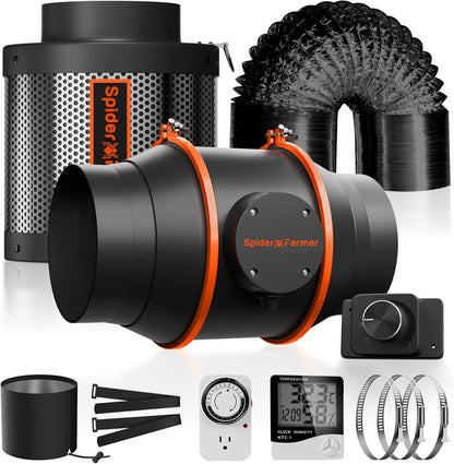 Spider Farmer Air Filtration Kit 6 Inch, Inline Duct Fan with RJ12 Speed Humidity Controller