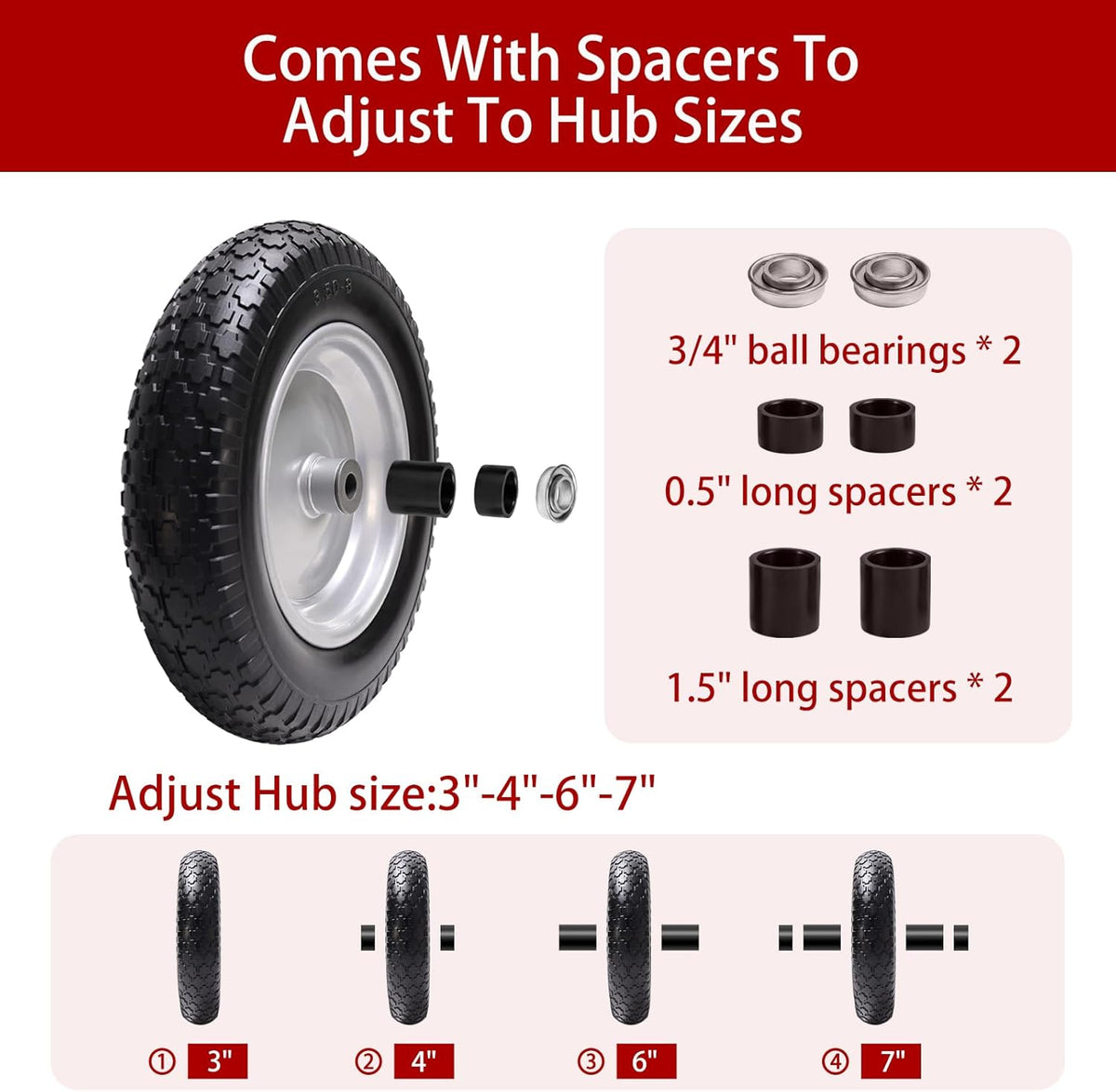 14.5" Wheelbarrow Tire, 3.50-8" Flat-free Solid Tire and Wheel with 3" -7" Centered Hub and 5/8" &