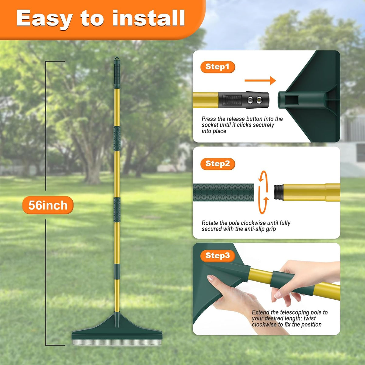 Artificial Turf Rake with Steel Telescopic Handle, 32 to 55 Inch 3 Piece-Pole Easy Storage Design