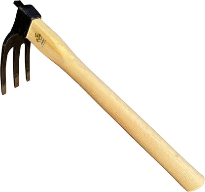 14 inch Japanese Hand Tiller/Rake for Garden, 3-tines Cultivator, Without Welding, Oak Handle, for