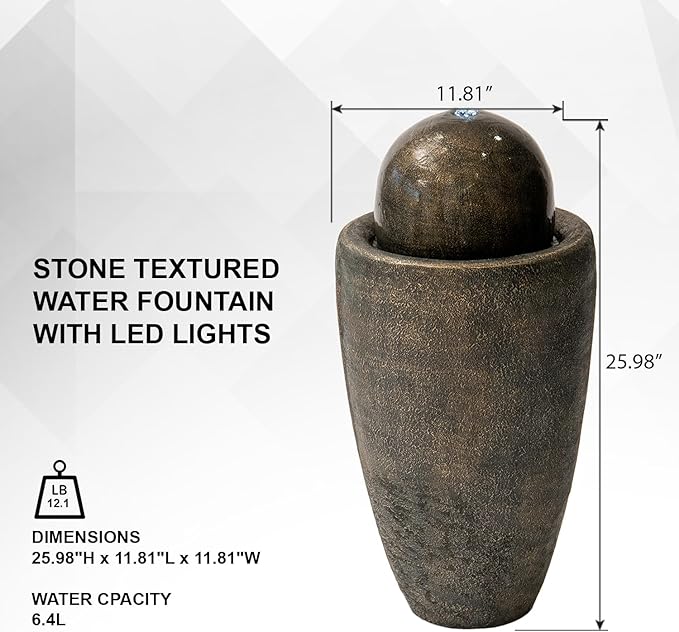 XBrand 25.98" H Round Stone Indoor/Outdoor Modern Stone Textured Sphere Water Fountain w/LED