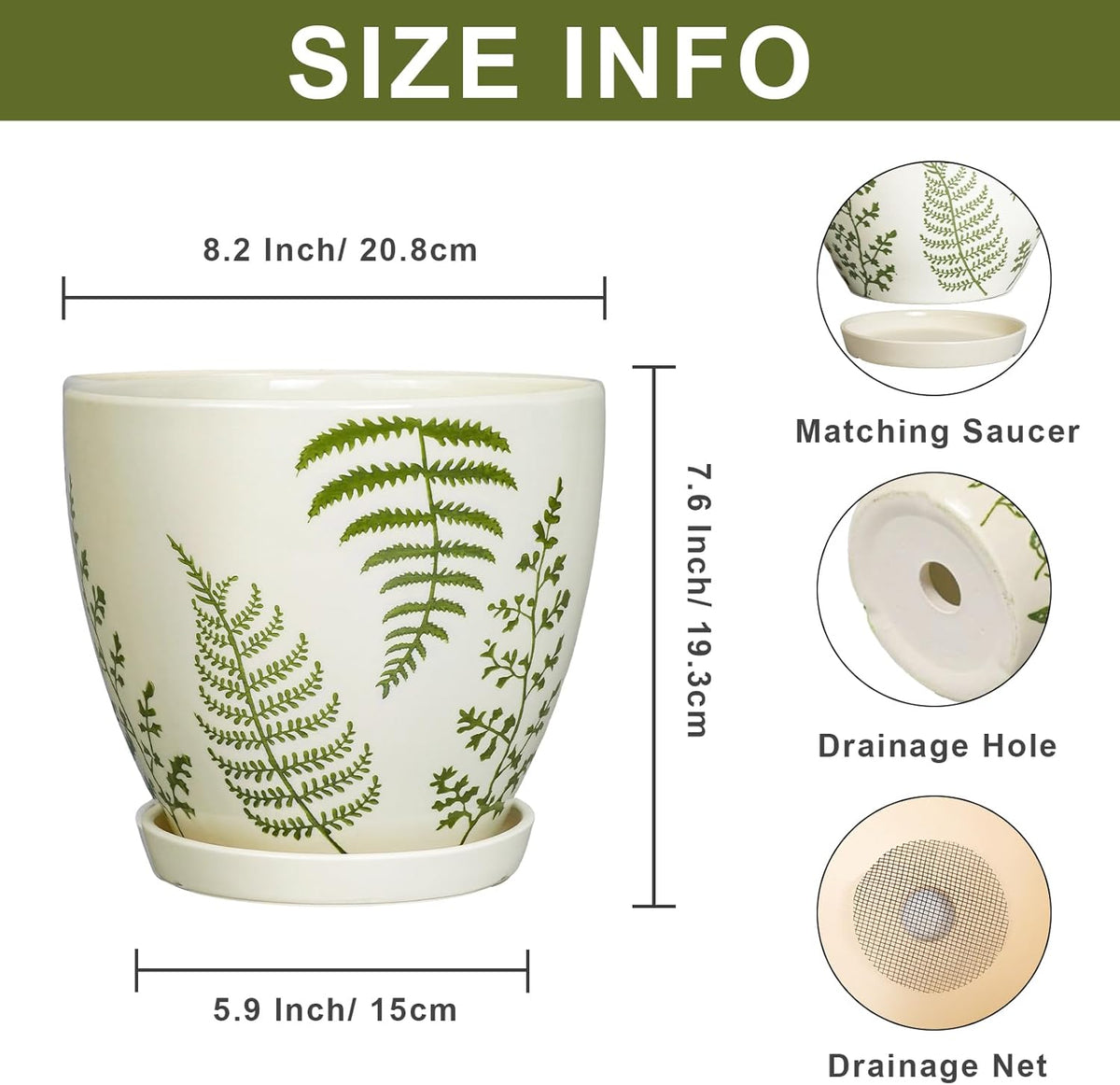 Ceramic Plant Pot 8.2 Inch - Ceramic Planter for Indoor Plants, Boho Round Decorative Outdoor