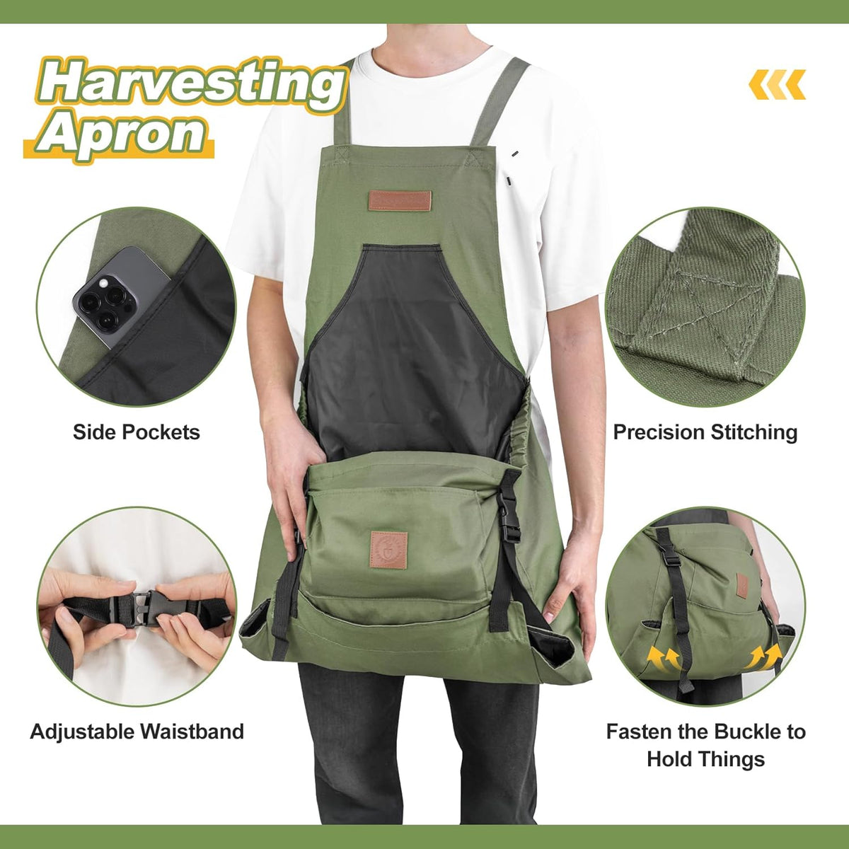 Berry&Bird Harvest Apron, Canvas Gardening Apron with Pockets and Harvesting Pouch Waterproof