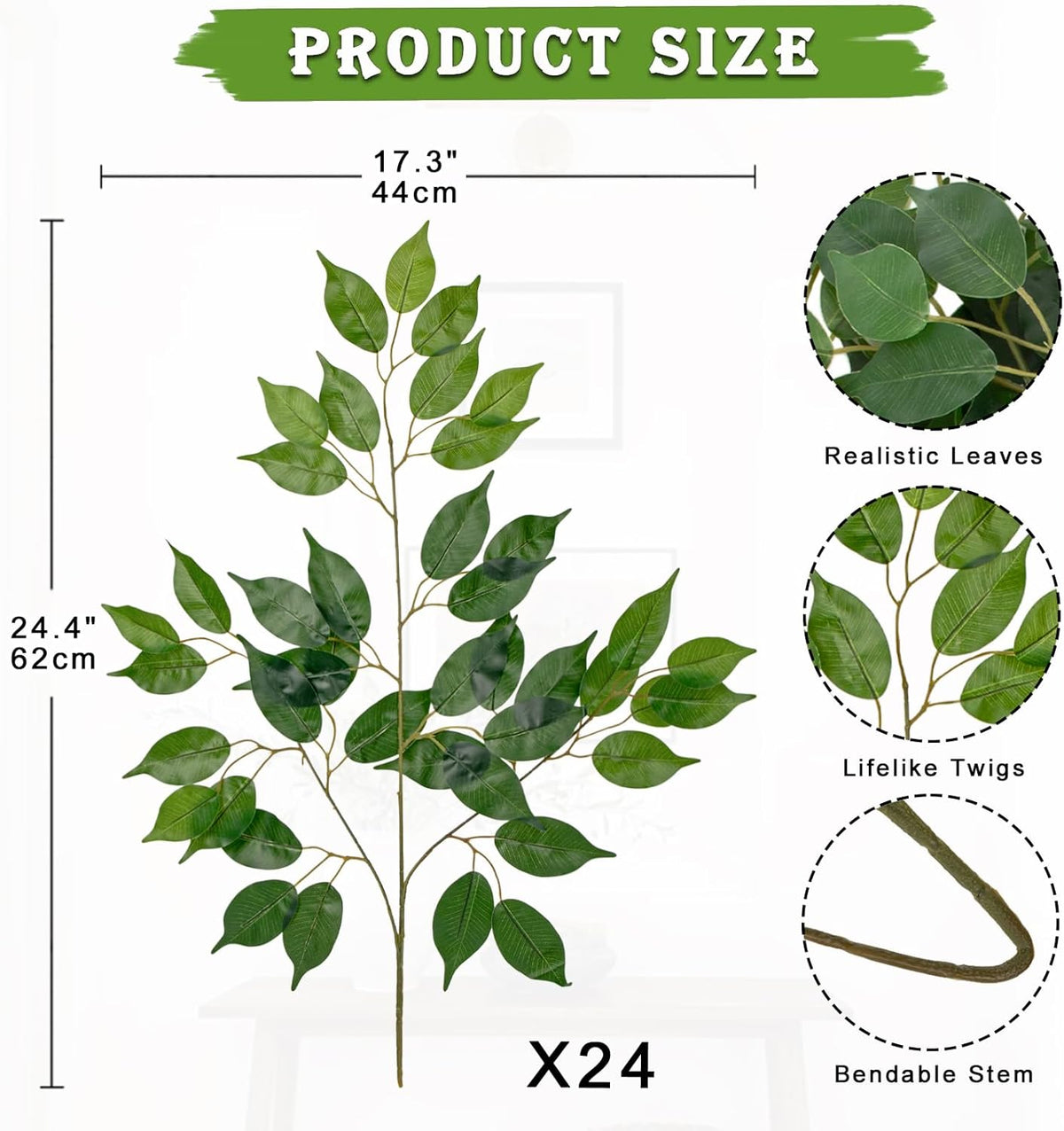 24PCS Ficus Leaves Artificial Branches 24" Faux Ficus Greenery Tree Branches Fake Ficus Leaves