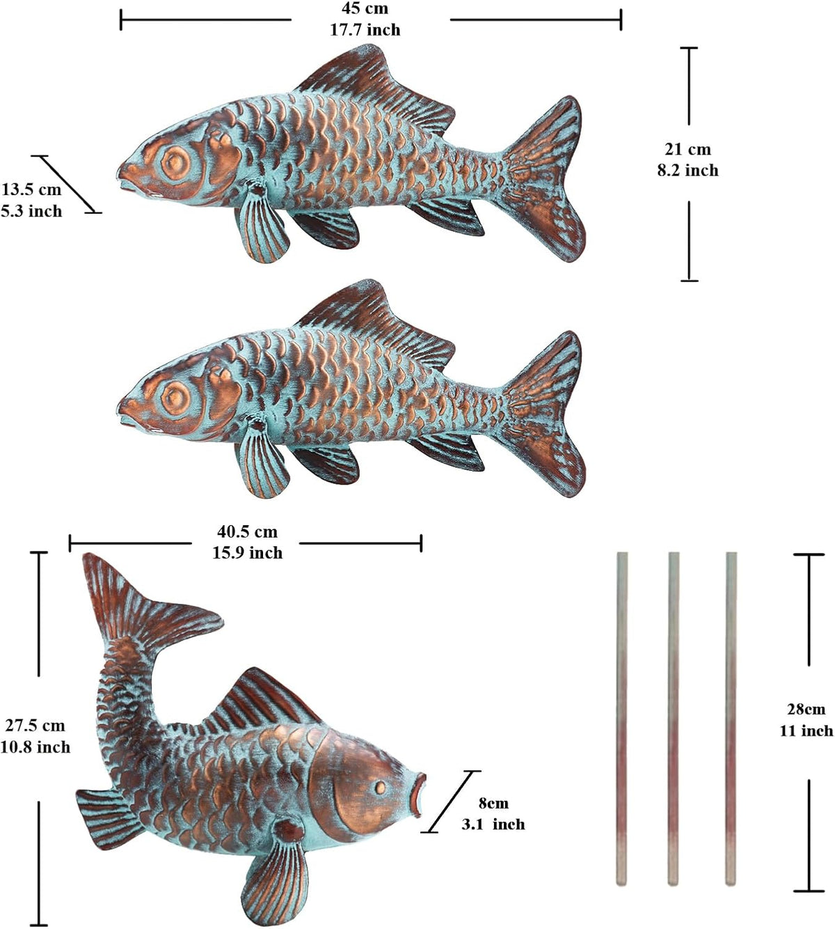 Set of 3 Outdoor Garden Koi Fish Sculptures & Statues Antique Copper Fish Yard Décor, Metal Koi