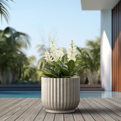 Kante Round Fulted Planter, 16.7 Inch Dia Large Concrete Plant Pots with Drainage Hole and Rubber