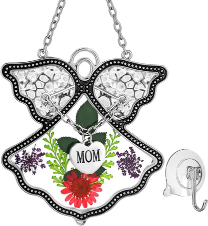 KY&BOSAM Angel Suncatcher Mom Stained Glass for Windows Hangings Wind Chime with Pressed Real