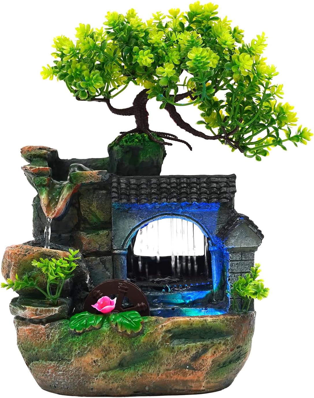 Tabletop Waterfall Fountain – 11 in Rockery Humidifier with Color-Changing LED Light, Adjustable