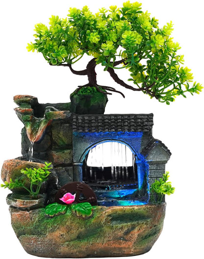 Tabletop Waterfall Fountain – 11 in Rockery Humidifier with Color-Changing LED Light, Adjustable