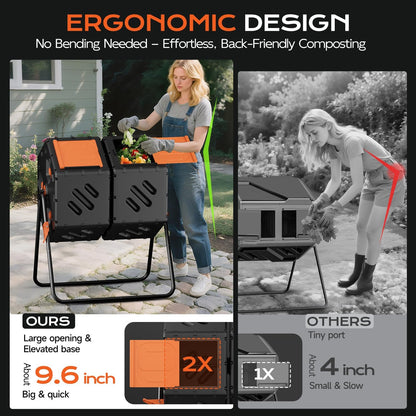 Compost Bin Outdoor 45 Gallon/170L, Fast Assemble Compost Tumbler, 360°Rotating Dual Chamber Large