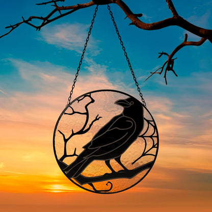 Raven Stained Glass Suncatcher Window Hanging Decoration, Halloween Gothic Black Crow Glass