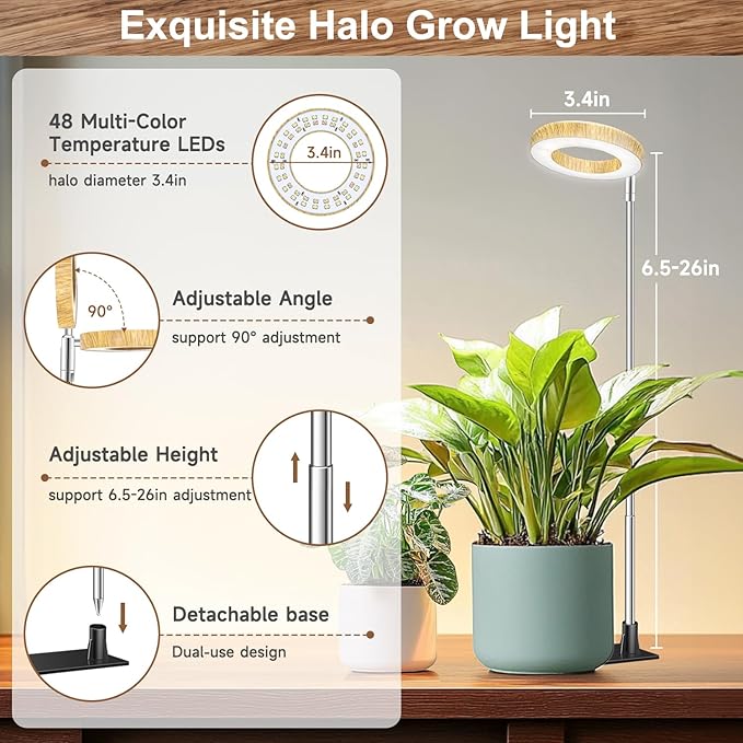 Grow Lights for Indoor Plants, 48 LEDs Full Spectrum Plant Grow Light, Height Adjustable Faux Wood